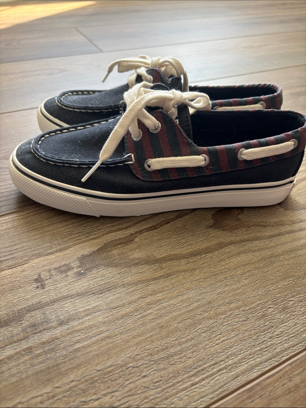 Sperry Black Canvas Women’s Boat Shoes with Red and Green Stripes